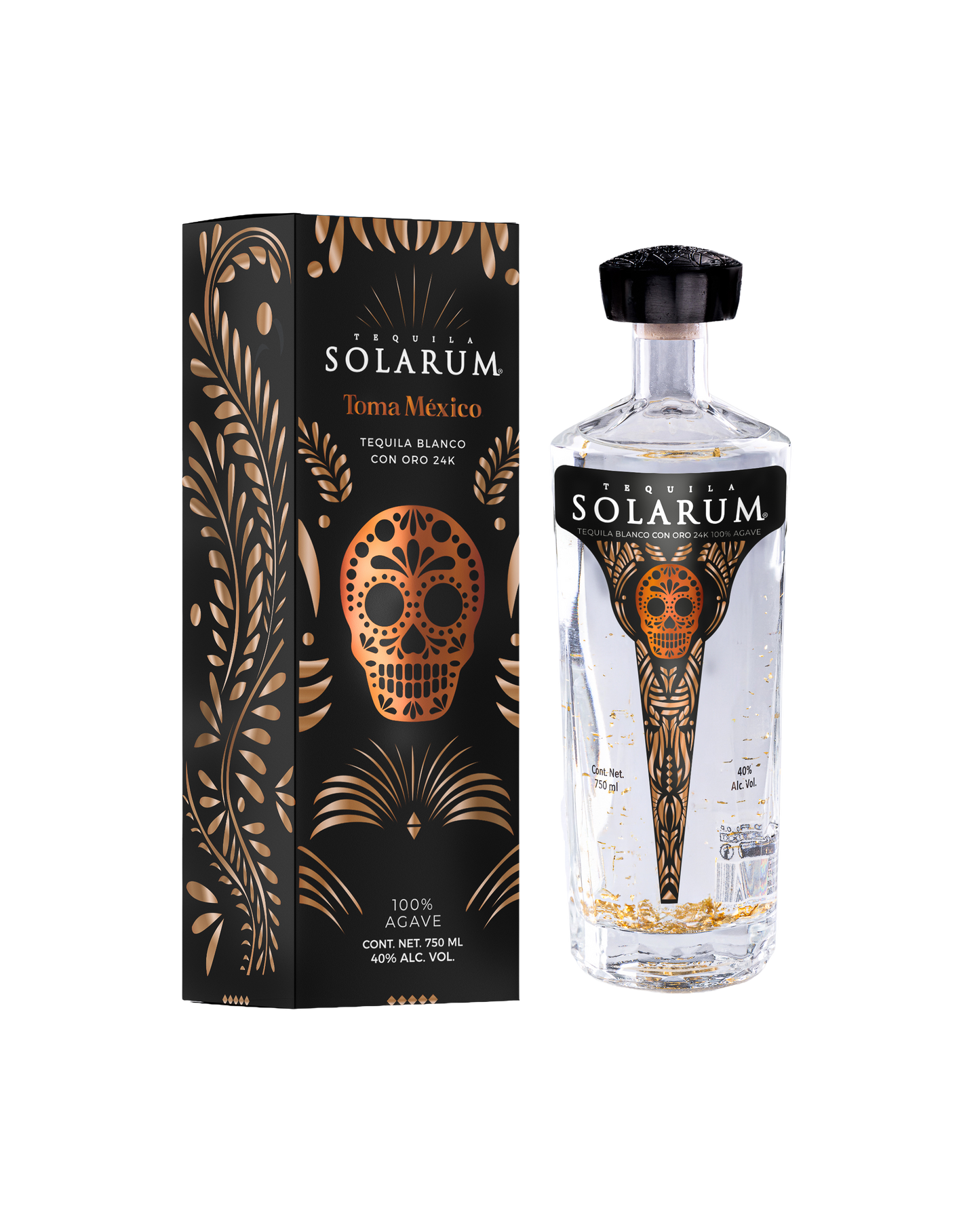 Edición día de muertos Tequila Solarum Blanco con oro 24K - 750 ml