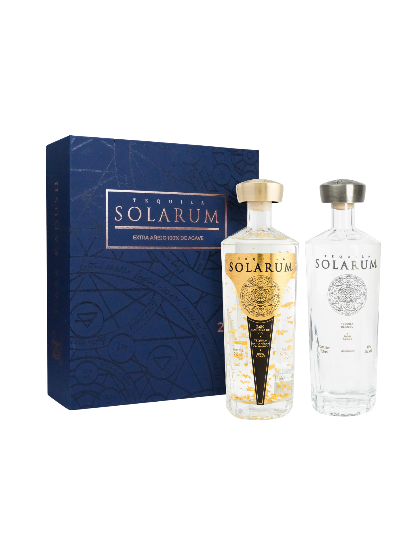 Kit de dos botellas: Tequila Solarum Extra Añejo Cristalino 24K + Tequila Solarum Blanco