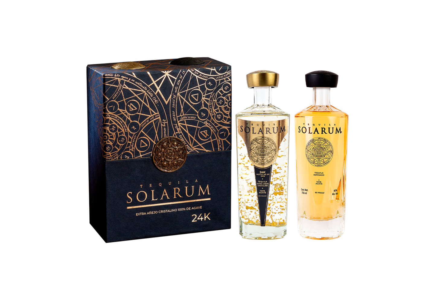 Kit de 2 botellas: Tequila Solarum Extra Añejo Cristalino 24K + Tequila Solarum Reposado