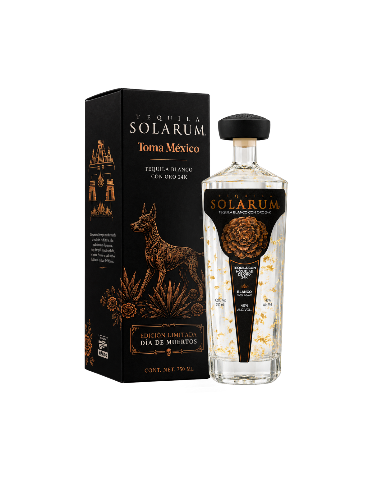 Tequila Solarum Blanco con Hojuelas de Oro 24k Edición Día de Muertos "El Camino Hacia el Mictlán"- 750 ml