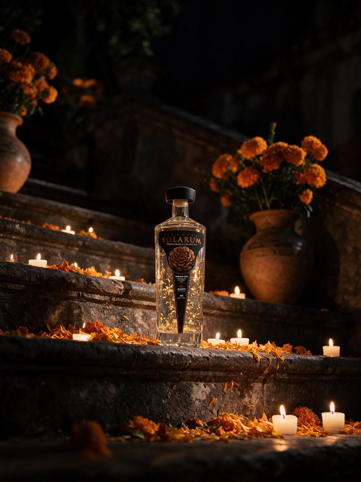 Tequila Solarum Blanco con Hojuelas de Oro 24k Edición Día de Muertos "El Camino Hacia el Mictán"- 750 ml