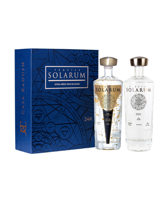 Kit de dos botellas: Tequila Solarum Extra Añejo Cristalino 24K + Tequila Solarum Blanco