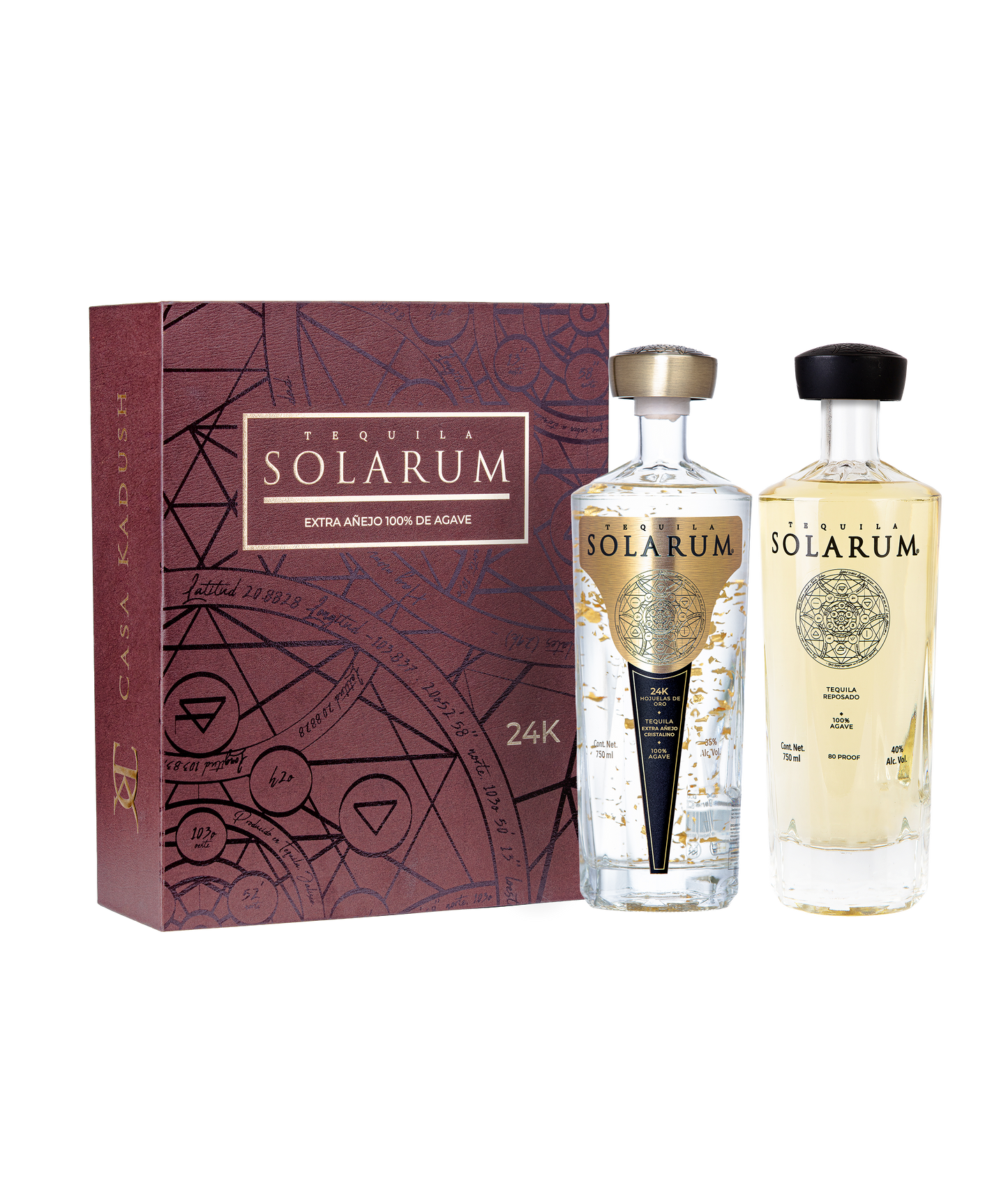 Kit de dos botellas: Tequila Solarum Extra Añejo Cristalino 24K + Tequila Solarum Reposado