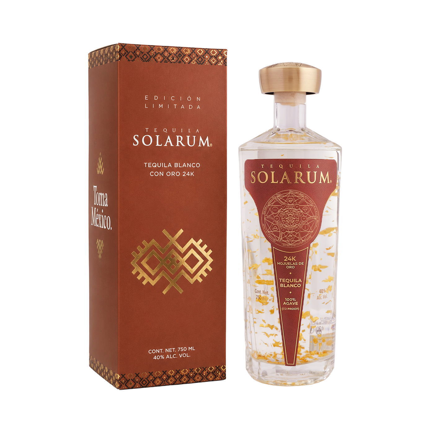 Tequila Solarum Blanco Edición Limitada Toma México con oro 24K 750 ml