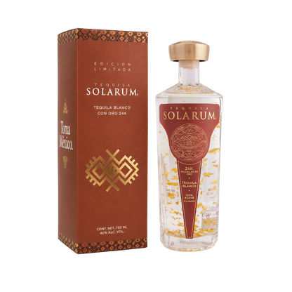 Tequila Solarum Blanco Edición Limitada Toma México con oro 24K 750 ml